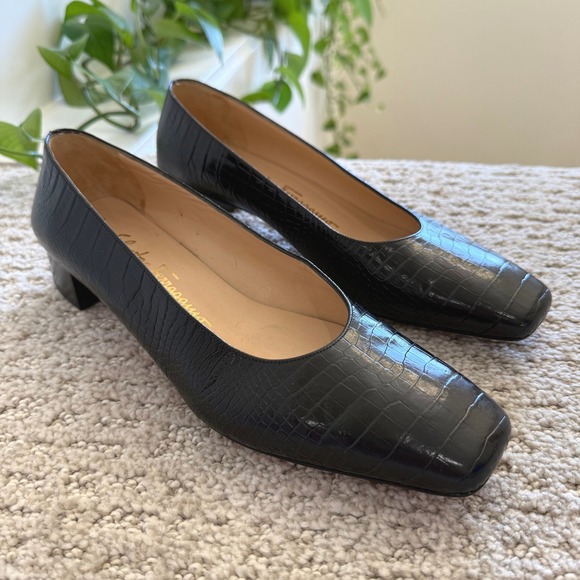 VTG Salvatore Ferragamo Boutique ITALY Leather Pumps WOMEN 7.5 Square Toe CROC - Picture 1 of 10